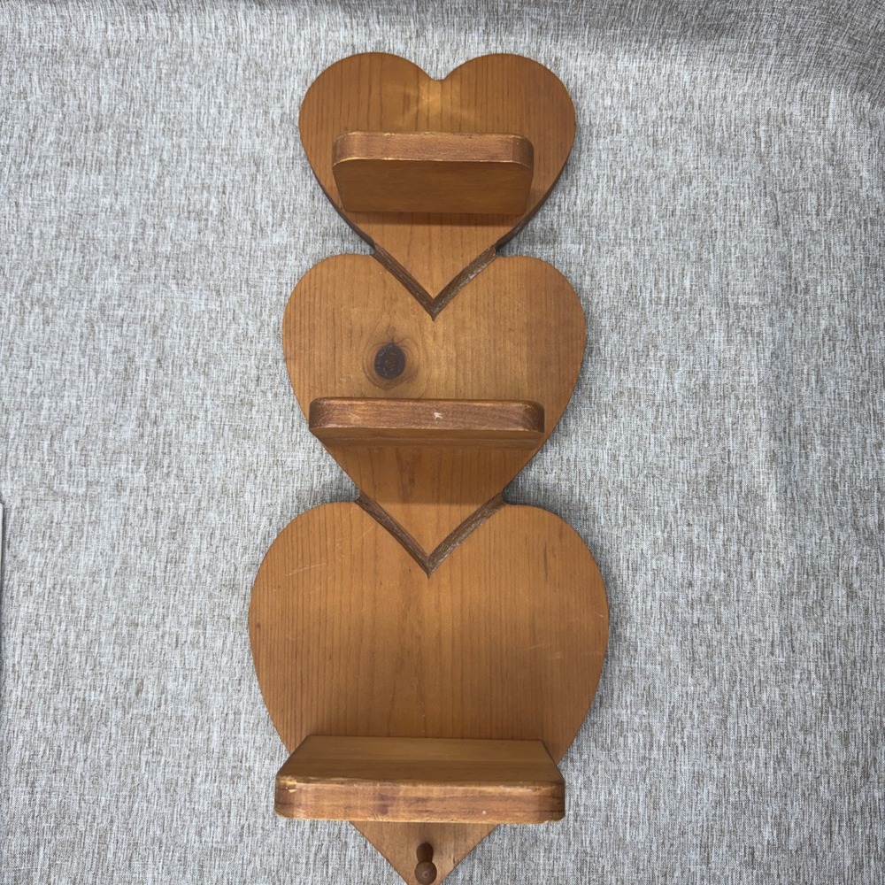 Vintage Triple Heart Wooden Wall Shelf 3 Tier Rustic Country CottageCore Decor